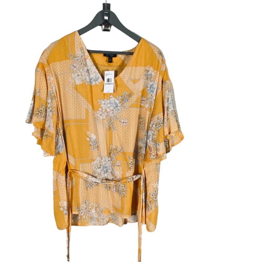 Jessica Simpson Tie Waist Blouse Yellow Floral Sz 1X Gardenia - Picture 5 of 7